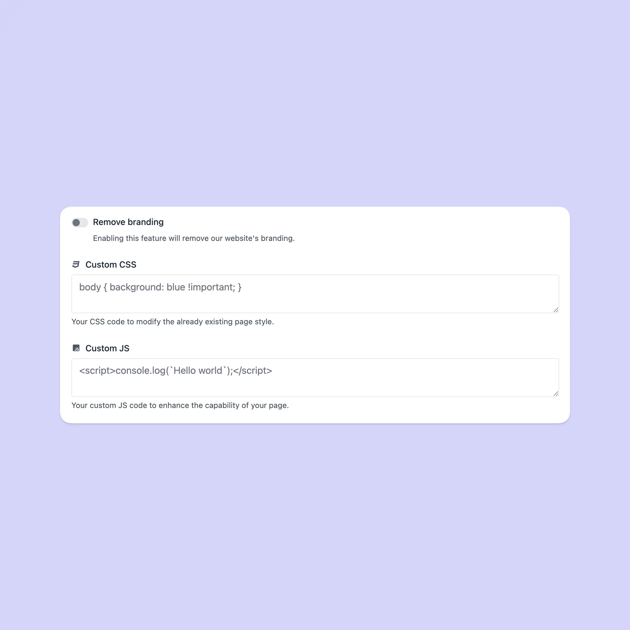 Captura de tela do recurso de personalização de marca do aplicativo vcard