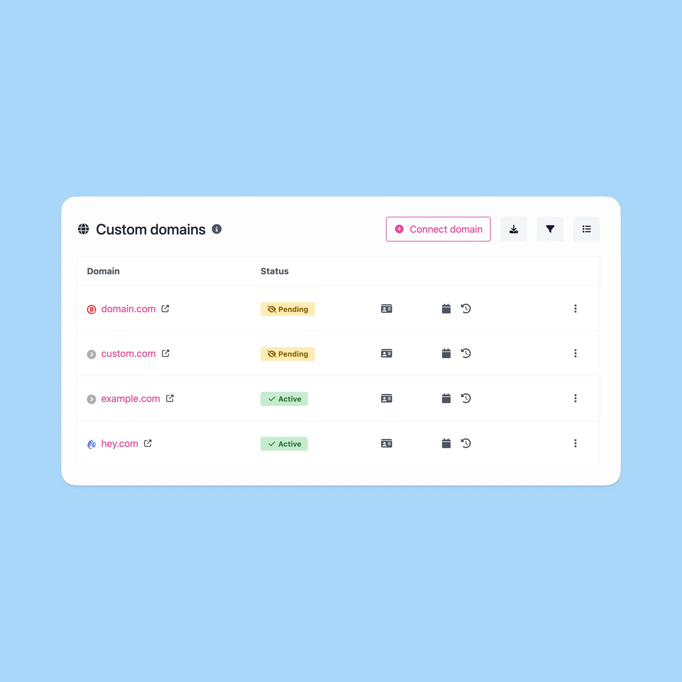 Captura de tela do recurso de domínios personalizados do aplicativo