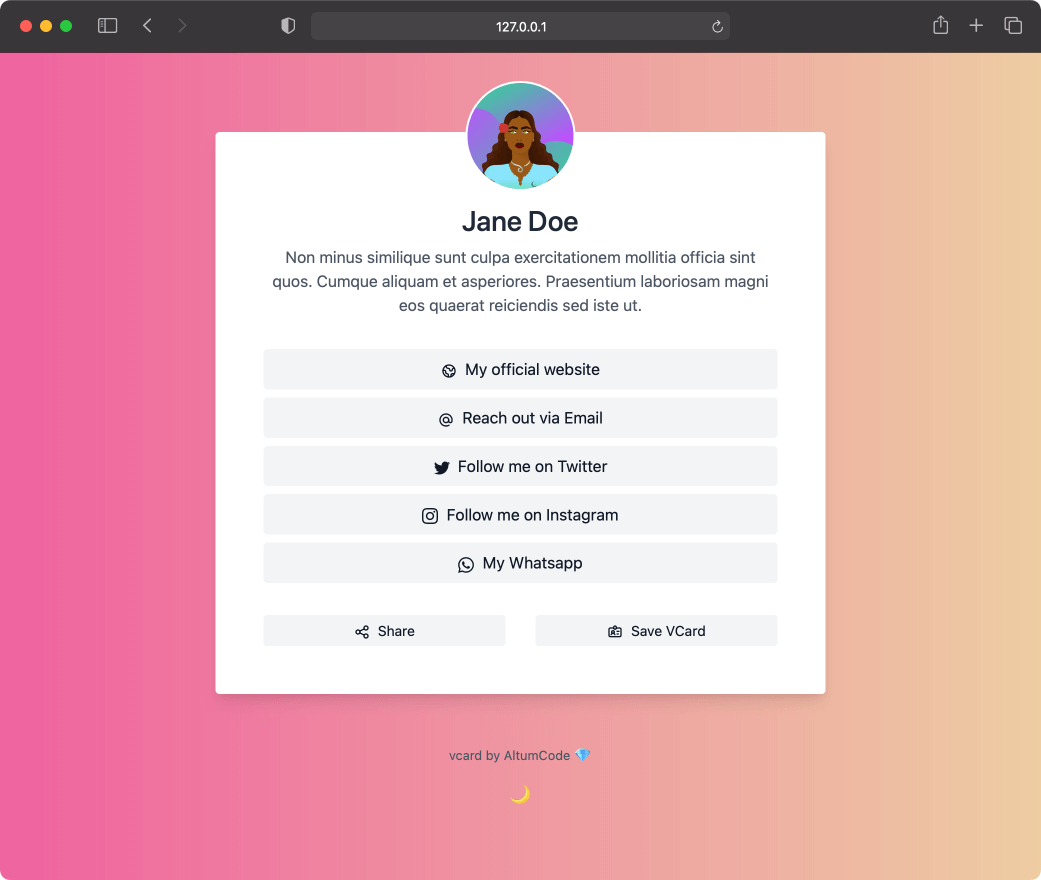 Captura de tela de exemplos de página de vcard