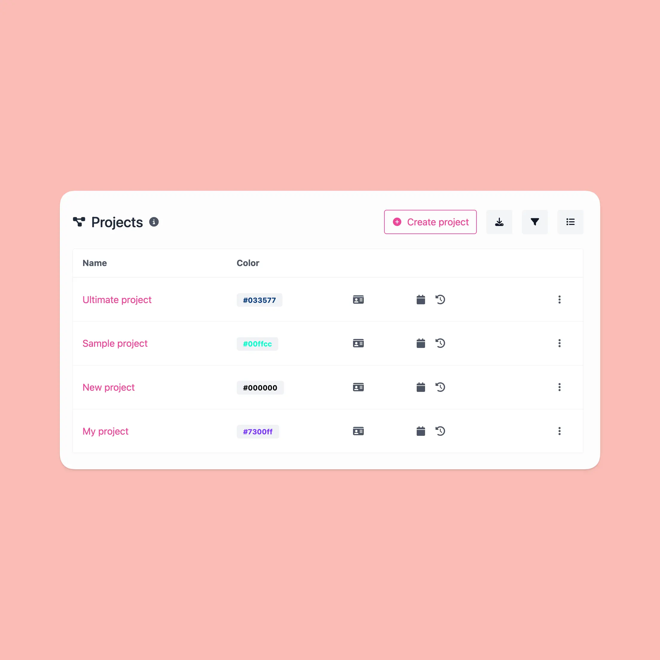 Captura de tela do recurso de sistema de projetos do aplicativo